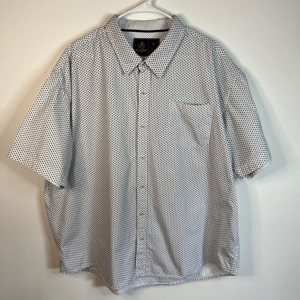 RUGBY UNIVERSITY Men's Navy Diamond Printed Button-Up Short-Sleeve Shirt 3XL